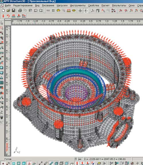 Рис. 3. Расчетная модель станины с нагрузками, возникающими при срабатывании амортизационной системы во время прохождения через дробилку недробимого тела