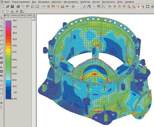 Рис. 4. Результаты расчета напряженно-деформированного состояния станины
