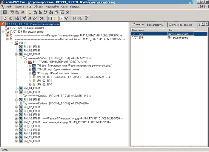 Рис. 4 Фрагмент представления структуры дерева связей объектов в проекте ЭНЕРГО ЗАО «Жуковская электросеть», содержащий объекты типа «файлы_ЭНЕРГО»