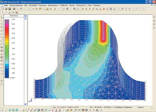 Рис. 3. Картина напряженно-деформированного состояния эллипсного зуба, нагруженного в вершине зуба (момент выхода зуба из зацепления)