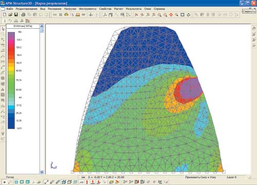 Рис. 5. Картина напряженно-деформированного состояния эвольвентного зуба, нагруженного в полюсе зацепления (изменен диапазон шкалы напряжений для детального рассмотрения напряжений в ножке зуба)