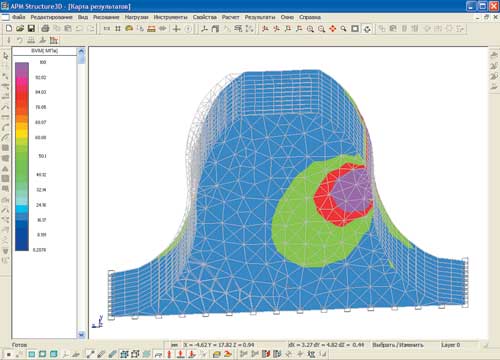 Рис. 6. Картина напряженно-деформированного состояния эллипсного зуба, нагруженного в полюсе зацепления