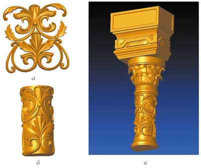 Рис. 4. Моделирование колонны: а — плоский рельеф; б — триангулярная модель колонны после нанесения рельефа; в — колонна в сборе