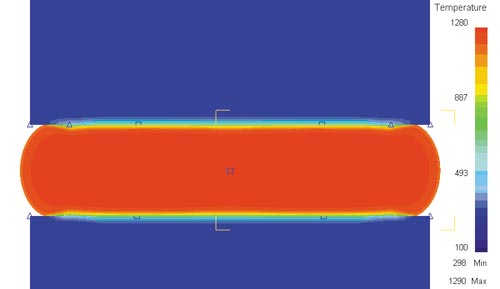 Рис. 3. Распределение температур в заготовке после осадки