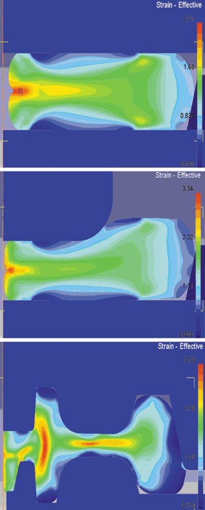 Рис. 12. Распределение деформаций в заготовке с отверстием после осадки, разгонки и формовки соответственно