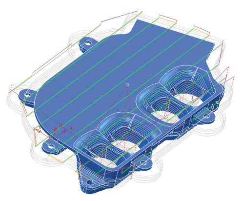 Рис. 22. Траектория движения инструмента при обработке основания ресивера: первый установ