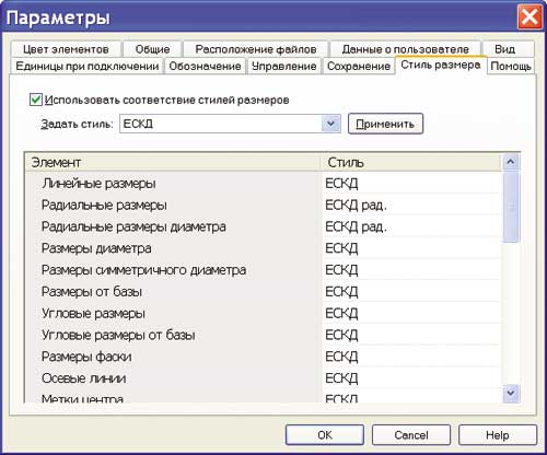Рис. 9. Таблица стилей размеров
