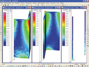 Рис. 6. Карта эквивалентных напряжений, действующих в угловом соединении модели с рис. 3