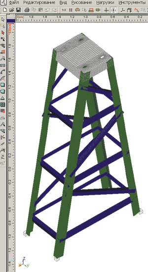 Рис. 1. Созданная в редакторе APM Structure3D трехмерная модель стойки станка-качалки, содержащая стержневые и пластинчатые элементы