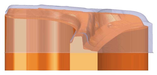 Рис. 13. Такое закрепление заготовки приведет к появлению необработанных зон, поскольку контур детали (оранжевый цвет) выходит за контур заготовки (серый цвет)