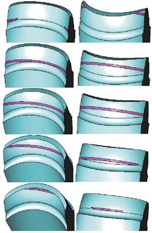 Рис. 2. Положение линий контакта на угле перекрытия на вогнутой и выпуклой рабочих поверхностях арочного зуба