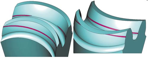 Рис. 3. Распределение линий контакта на вогнутой и выпуклой рабочих поверхностях зубьев арочного цилиндрического зацепления