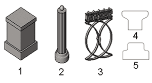Рис. 5. Семейства для построения копии ограды на набережной Москвы-реки: 1 — стойка ограждения, 2 — заполняющая стойка, 3 — балясина-панель, 4 — профиль верхней направляющей, 5 — профиль нижней направляющей