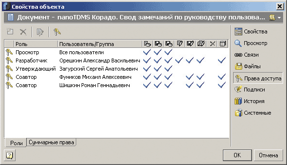 Рис. 3. Права доступа (роли) к документу