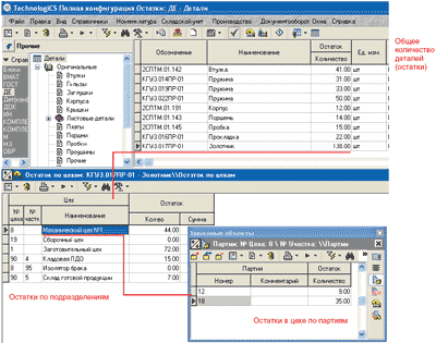 Рис. 18. Текущие остатки деталей: общие, по подразделениям в целом и по конкретным партиям