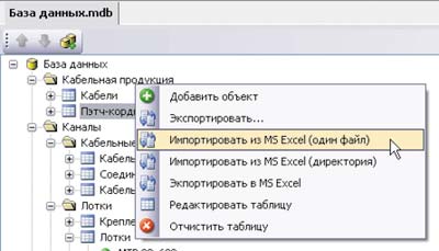Рис. 2. Команды контекстного меню для импорта и экспорта в MS Excel