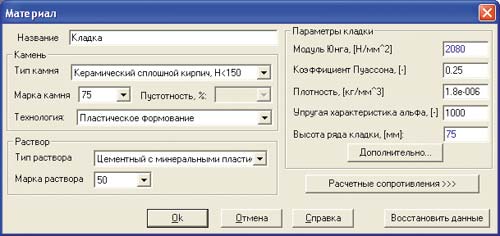 Рис. 1. Диалоговое окно задания параметров материала — кладка