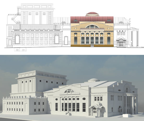 Рис. 12. Софья Аникеева. Памятник архитектуры — здание Коммерческого клуба (ныне театр «Красный факел») в Новосибирске. Модель выполнена в Revit Architecture (НГАСУ (Сибстрин), 2010)