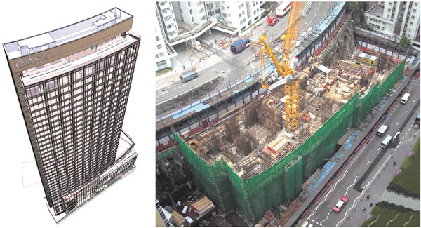 Рис. 3. Архитектурный облик и начало строительства отеля «Восток» в Гонконге. Граница стройплощадки почти полностью совпадает с периметром основания здания (при участии фирмы Gehry Technologies, 2004)