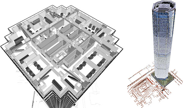 Рис. 7. Фрагмент представления инвесторам проекта небоскреба «Восточная башня» в Гонконге: информационная модель демонстрирует архитектурные решения, конструкцию, различные инженерные системы, материалы, оснащение, последовательность возведения и зоны ответственности смежников (при участии фирмы Gehry Technologies, 2005)