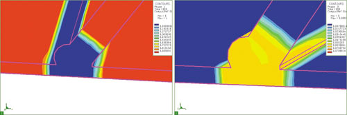 Рис. 3. Данные, получаемые в результате расчета: а — доля феррита в металле шва; б — количество мартенсита в металле шва;
в — остаточные напряжения и деформации