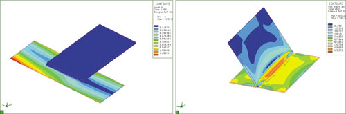 Рис. 3. Данные, получаемые в результате расчета: а — доля феррита в металле шва; б — количество мартенсита в металле шва;
в — остаточные напряжения и деформации