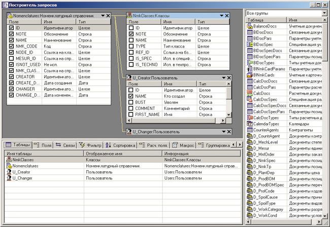 Рис. 28. Визуальный построитель запросов. Таблицы со связями