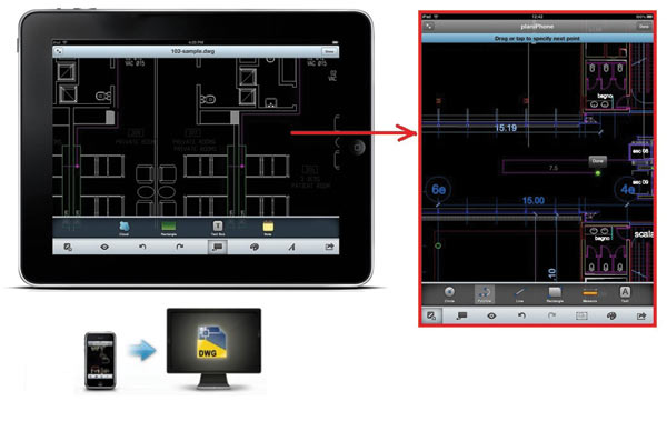 Рис. 10. Диалоговое окно c чертежом AutoCAD 2012 в среде приложения AutoCAD WS 1.2 (экран iPad)