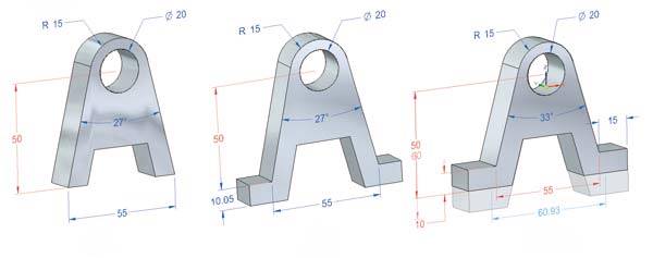 Рис. 2. Требуемая высота детали (а) нарушается при добавлении основания (б). При помощи синхронной технологии замысел конструктора сохраняется (в) благодаря тому, что конструктивными элементами можно управлять независимо от времени их создания