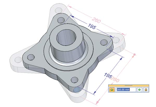 Рис. 3. На уже готовых моделях можно проставлять размеры, обеспечивающие прямое редактирование. Все конструктивные элементы равны между собой, поэтому монтажные отверстия могут влиять на общую форму модели