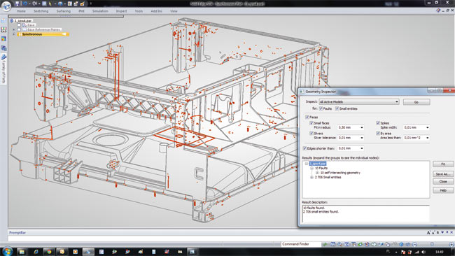 Преобразование 3D-моделей из одной CAD-системы в другую далеко не всегда проходит гладко. Инспектор геометрии в Solid Edge, согласно заданным допускам, выявляет такие ошибки, как слишком малые грани, выбросы и расщепления. Синхронная технология позволяет быстро исправлять модели до их дальнейшего применения (иллюстрация предоставлена TOP-TECH, Польша)