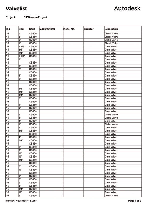 Рис. 6. Стандартный список арматуры, полученный с помощью Report Creator