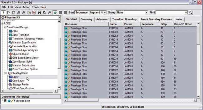 Интерфейс системы FiberSIM. Хорошо видно, насколько сложным бывает описание композитного материала. Дерево в левой колонке содержит различные методы описания композитной детали. Справа показан список образующих композитный материал слоев. Система FiberSIM хранит информацию особым образом, с учетом потребностей проектировщика изделий из композитов