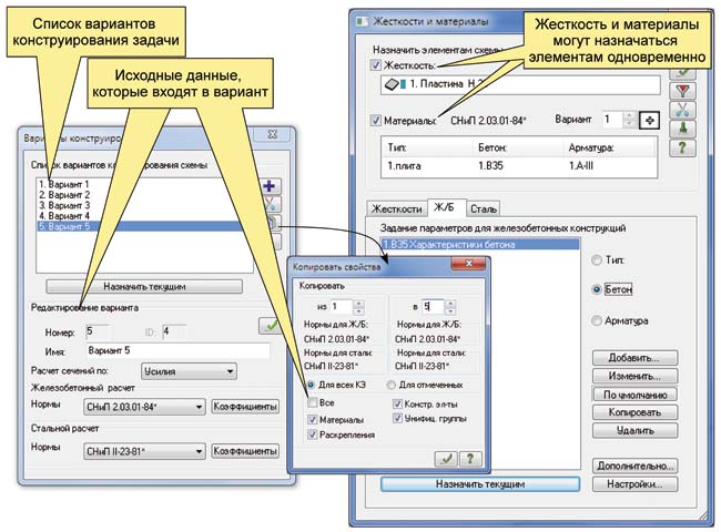 Рис. 8. Данные вариантов конструирования и окно жесткостей и материалов