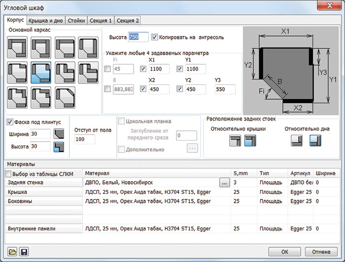 Рис. 3. Окно формирования корпуса углового шкафа